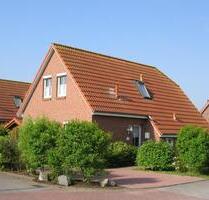 Freistehende Friesenhäuser mit eingezäunten Gärten teilweise Hund - Dornum