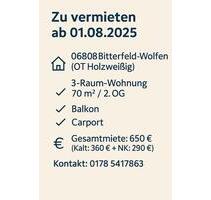3 RW-Wohnung Balkon Carport - 650,00 EUR Kaltmiete, ca.  70,00 m² in Bitterfeld-Wolfen (PLZ: 06749)