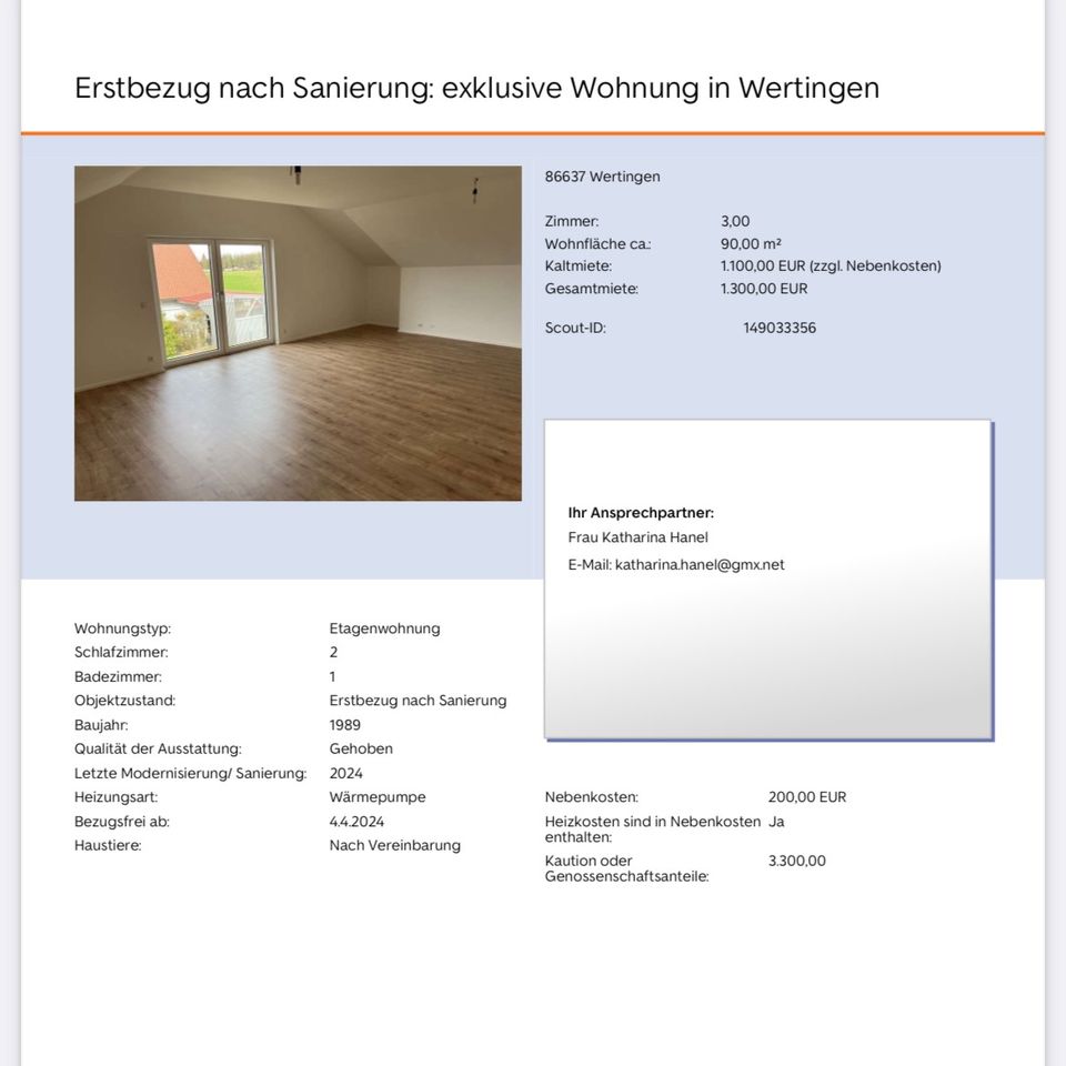 Exklusive Wohnung zu vermieten - 1.300,00 EUR Kaltmiete, ca.  90,00 m² in Wertingen (PLZ: 86637)