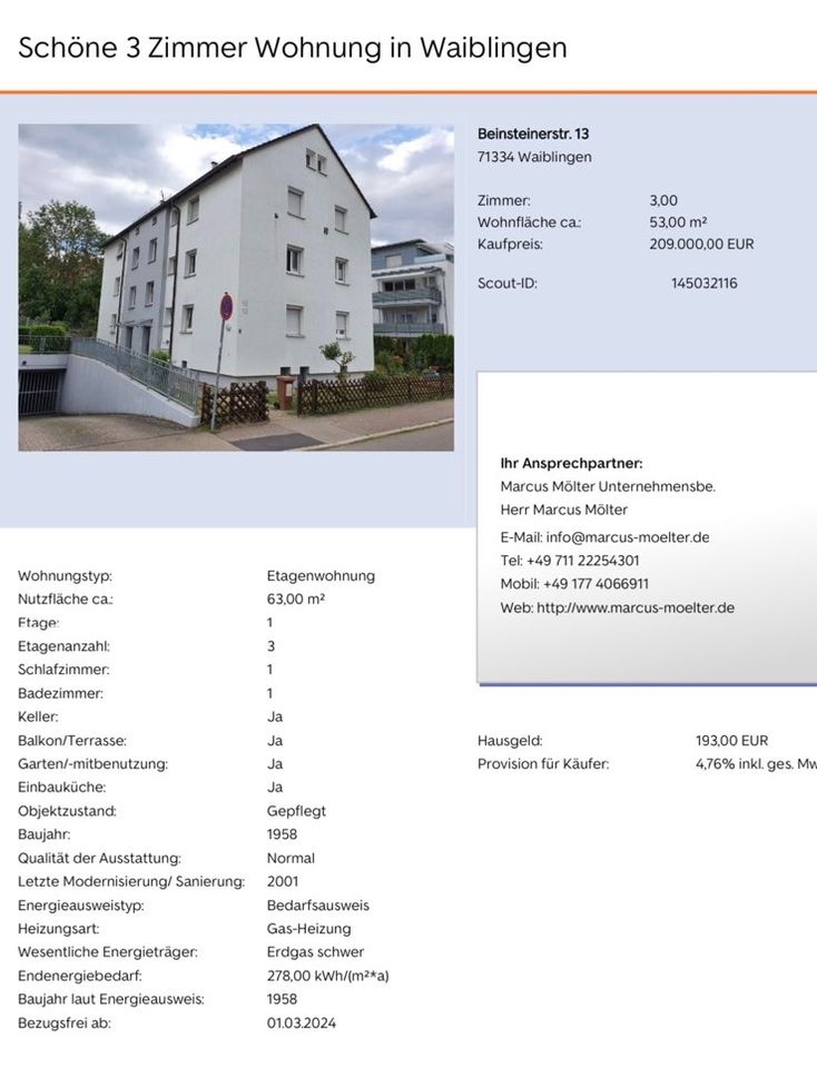 Eigentumswohnung - 209.000,00 EUR Kaufpreis, ca.  53,00 m² in Waiblingen (PLZ: 71334) Beinstein