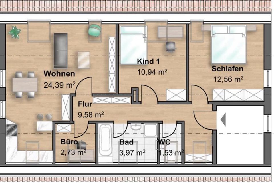 Dachgeschosswohnung - 1.000,00 EUR Kaltmiete, ca.  65,00 m² in Friedberg (PLZ: 86316)