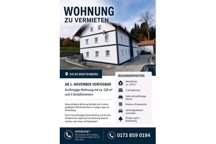 Grosse Wohnung ca. 120 qm 3 Schlafzimmer ab 1.11.26 zu vermieten - Breitenberg
