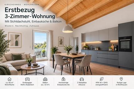 Erstbezug: 3-Zimmer m. Sichtdachstuhl, Küche +2 Stellplätze - Mühlhausen