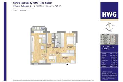 Wohnung zum Mieten in Halle 601,00 € 75.08 m²