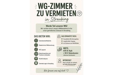 WG-Zimmer in großzügiger 5-Zimmer-Wohnung 3- Zimmer frei - Straubing