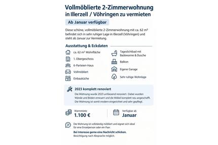 Vollmöblierte 2-Zimmerwohnung in Illerzell zu Vermieten - Vöhringen