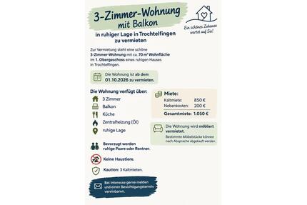 3 Zimmerwohnung - 850,00&nbsp;EUR Kaltmiete, ca.&nbsp; 70,00&nbsp;m&sup2; in Trochtelfingen (PLZ: 72818)