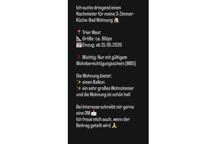 3 ZKB Wohnung in Trier West - 830,00&nbsp;EUR Kaltmiete, ca.&nbsp; 80,00&nbsp;m&sup2; in Trier (PLZ: 54294) Feyen-Weismark