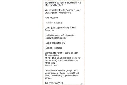 WG Zimmer neu zu vermieten - 500,00&nbsp;EUR Kaltmiete, ca.&nbsp; 125,00&nbsp;m&sup2; in Bruckmühl (PLZ: 83052)