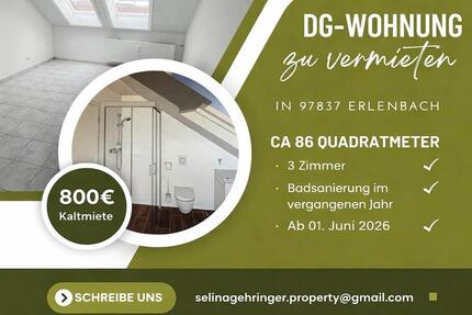 DG-Wohnung in Erlenbach - 750,00&nbsp;EUR Kaltmiete, ca.&nbsp; 86,00&nbsp;m&sup2; in Erlenbach bei Marktheidenfeld (PLZ: 97837)