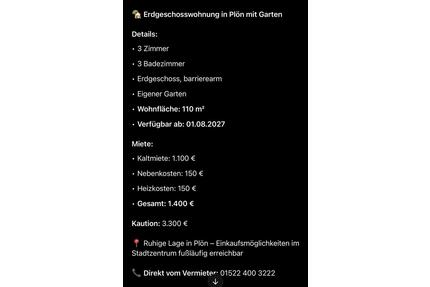 Vermietung Wohnung - 1.100,00&nbsp;EUR Kaltmiete, ca.&nbsp; 110,00&nbsp;m&sup2; in Plön (PLZ: 24306)