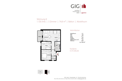 Wohnung zum Kaufen in Karlsruhe 411.285,00 € 74.8 m²