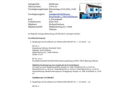 Doppelhaushälfte Versteigerung Talheim