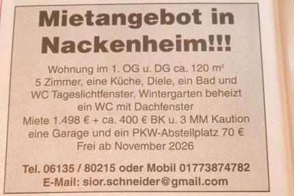 5 Zimmer Wohnung für max. 5 Personen zu vermieten zum 1. Nov - Nackenheim