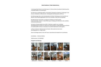 2 ZKB, mit Balkon zu vermieten an 2 StudentinnenStudenten - Homburg