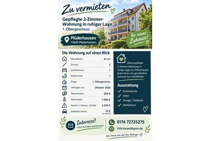 2 Zimmer Wohnung - 750,00&nbsp;EUR Kaltmiete, ca.&nbsp; 41,00&nbsp;m&sup2; in Plüderhausen (PLZ: 73655)