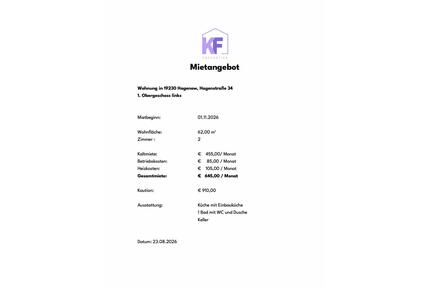 2-Raum Wohnung - 645,00&nbsp;EUR Kaltmiete, ca.&nbsp; 62,00&nbsp;m&sup2; in Hagenow (PLZ: 19230)