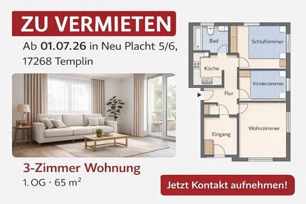 3 Zimmer Wohnung, Küche Bad, Stellplatz incl, ca. 65 m2 - Templin