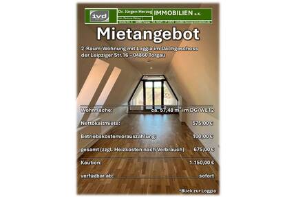 2-Raum-Wohnung im DG mit Loggia, Fahrstuhl im Treppenhaus und Tageslichtbad - Torgau