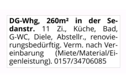 DG - Whg 260m² - KM 1.300,-€ - 1.300,00&nbsp;EUR Kaltmiete, ca.&nbsp; 260,00&nbsp;m&sup2; in Lüdenscheid (PLZ: 58511) Staberg