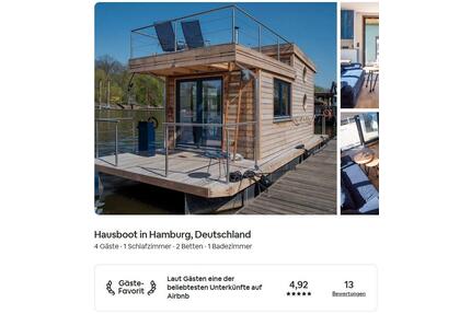 besonderes Tiny-Hausboot UNDINE für Urlaub auf dem Wasser buchen - Hamburg Harburg