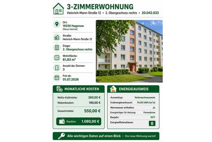 3 Zimmer Wohnung Neue Heimat 2,5 Raum - Hagenow