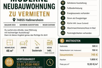 Wohnung zu vermieten - 745,00&nbsp;EUR Kaltmiete, ca.&nbsp; 46,00&nbsp;m&sup2; in Haßmersheim (PLZ: 74855)