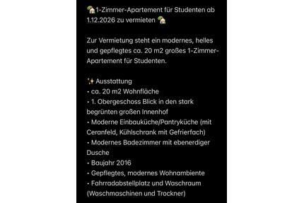 1-Zimmer-Apartement für Studenten ab 1.12.2026 zu vermieten - Erlangen Am Anger