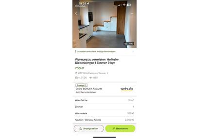 Nachmieter Wohnung - 700,00&nbsp;EUR Kaltmiete, ca.&nbsp; 31,00&nbsp;m&sup2; in Hofheim am Taunus (PLZ: 65719)