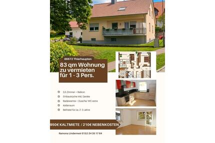 Helle 83 m² Wohnung + Balkon zu vermieten (1-3 Personen) für 2 J. - Thierhaupten