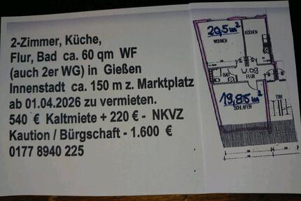 Wohnung in Gießen zu vermieten - 540,00&nbsp;EUR Kaltmiete, ca.&nbsp; 60,00&nbsp;m&sup2; in Buseck (PLZ: 35418)