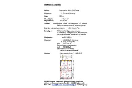 3 Raumwohnung mit Terrasse - 750,00&nbsp;EUR Kaltmiete, ca.&nbsp; 69,00&nbsp;m&sup2; in Freital (PLZ: 01705)