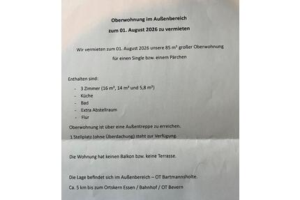 Oberwohnung, Warmmiete Außenbereich (Bartmannsholte) zu vermieten - Essen (Oldenburg)