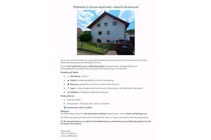 Möbliertes 2-Zimmer-Apartment Ideal für Studierende - Pforzheim Eutingen