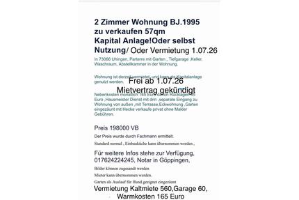 2.5 Zimmer Wohnung Uhingen - 198.000,00&nbsp;EUR Kaufpreis, ca.&nbsp; 57,00&nbsp;m&sup2; in Uhingen (PLZ: 73066)