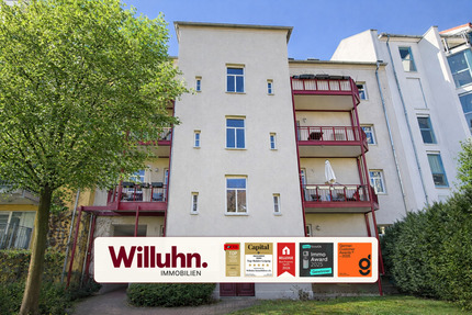 Leipzig-Gohlis: Balkon zum begrünten Innenhof | Mosaik-Parkett | separate Küche