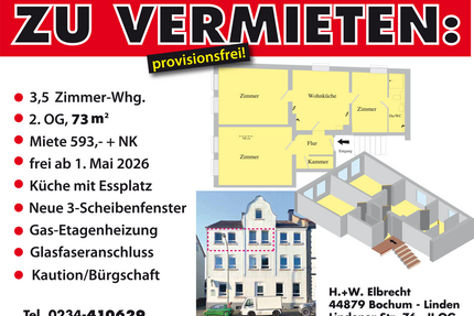 sonnige 3-Zimmer-Whg. frei - 593,00&nbsp;EUR Kaltmiete, ca.&nbsp; 73,00&nbsp;m&sup2;&nbsp;Wohnfl&auml;che in Bochum (PLZ: 44879)