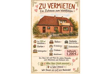 Haus zu vermieten - 1.200,00&nbsp;EUR Kaltmiete, ca.&nbsp; 130,00&nbsp;m&sup2; in Syke (PLZ: 28857)