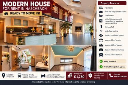 Modern House for Rent - 1.750,00&nbsp;EUR Kaltmiete, ca.&nbsp; 140,00&nbsp;m&sup2; in Pfeffelbach (PLZ: 66871)
