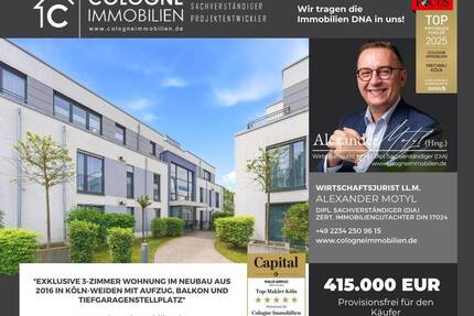 EXKLUSIVE 3-ZIMMER WOHNUNG IM NEUBAU AUS 2016 IN KÖLN-WEIDEN MIT AUFZUG, BALKON, STELLPLATZ