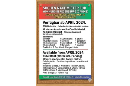 Furnished Apartment for Rent in Regensburg - Candis District