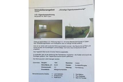 Drei Zimmer Wohnung - 190.000,00&nbsp;EUR Kaufpreis, ca.&nbsp; 62,00&nbsp;m&sup2; in Oyten (PLZ: 28876)