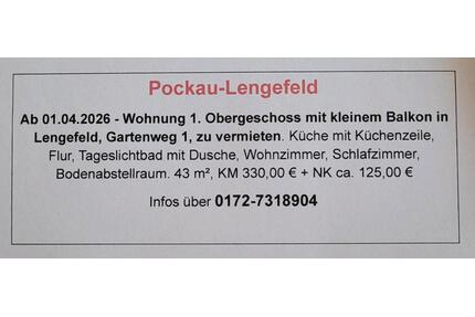 Wohnung in Lengefeld 43qm - 445,00&nbsp;EUR Kaltmiete, ca.&nbsp; 43,00&nbsp;m&sup2; in Pockau-Lengefeld (PLZ: 09509) Nennigmühle