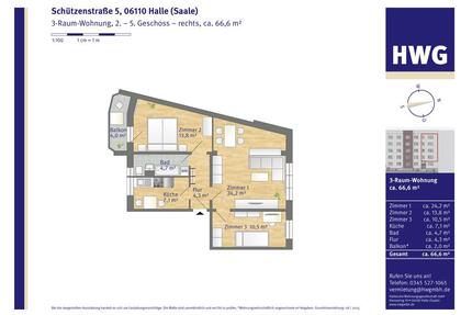 Erstbezug nach Sanierung - 529,00&nbsp;EUR Kaltmiete, ca.&nbsp; 66,11&nbsp;m&sup2; in Halle (Saale) (PLZ: 06110) Damaschkestraße