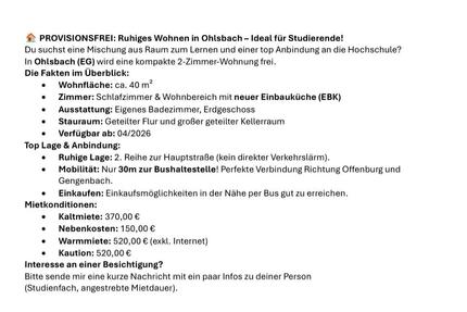 Vermietung einer Studentenwohnung mit 40m² in Ohlsbach