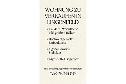 Eigentumswohnung zu verkaufen - 225.000,00&nbsp;EUR Kaufpreis, ca.&nbsp; 68,00&nbsp;m&sup2; in Lingenfeld (PLZ: 67360)