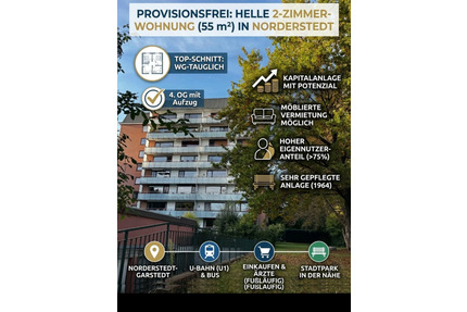 Provisionsfrei! Helle 2-Zi.-Wohnung in Norderstedt (55m²)