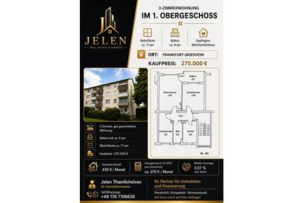 Zu verkaufen 3 Zimmer Wohnung in Frankfurt Griesheim - Offenbach am Main Bieberer Berg