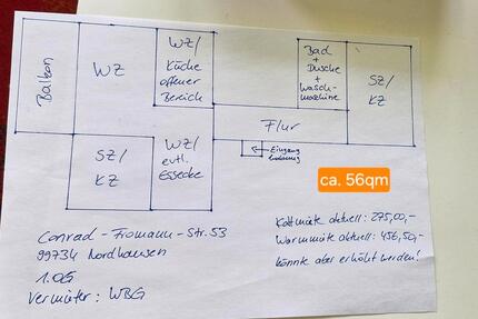 3 Raum Wohnung - 457,00&nbsp;EUR Kaltmiete, ca.&nbsp; 56,00&nbsp;m&sup2; in Nordhausen (PLZ: 99734)