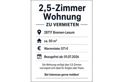 2,5 zimmwe Wohnung zum 01.07.2026 zu vermieten - Bremen Burglesum